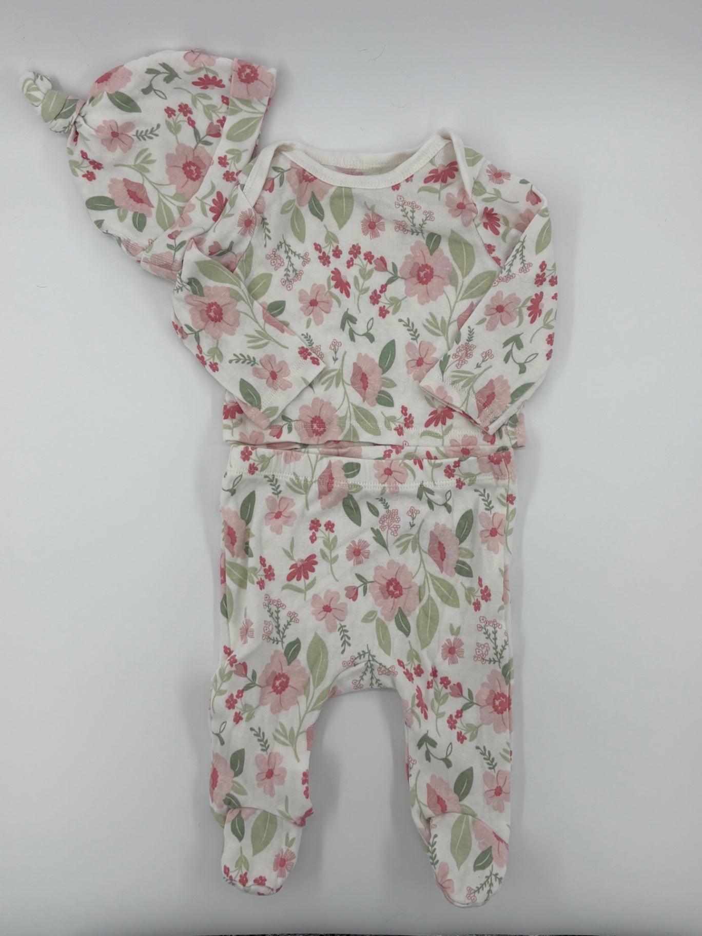 Gerber Baby Outfit Newborn White with pink and green floral pattern