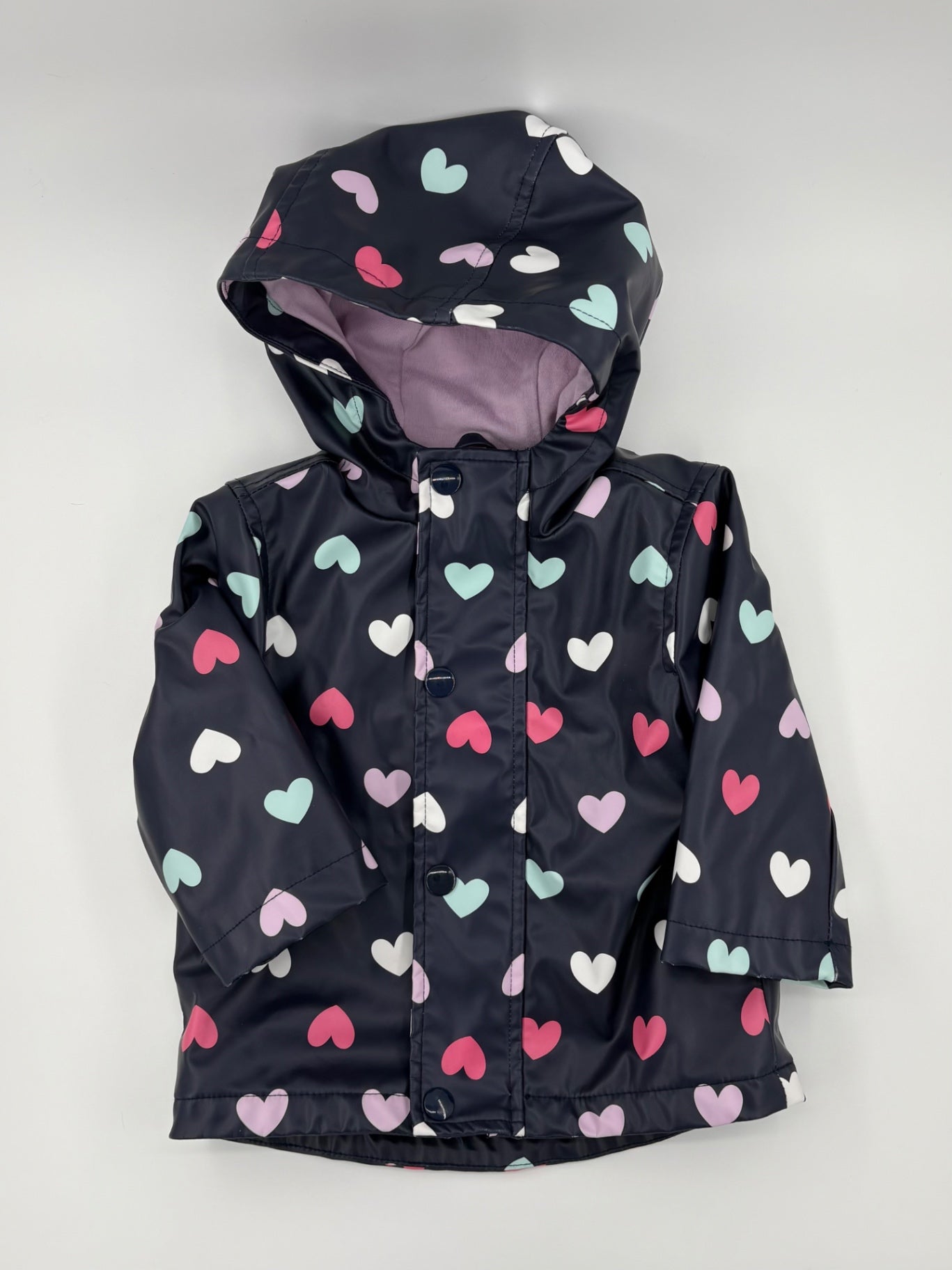 Joe Fresh Baby Coat 6-12m Navy blue with multicolored hearts (pink, purple, white, mint green)