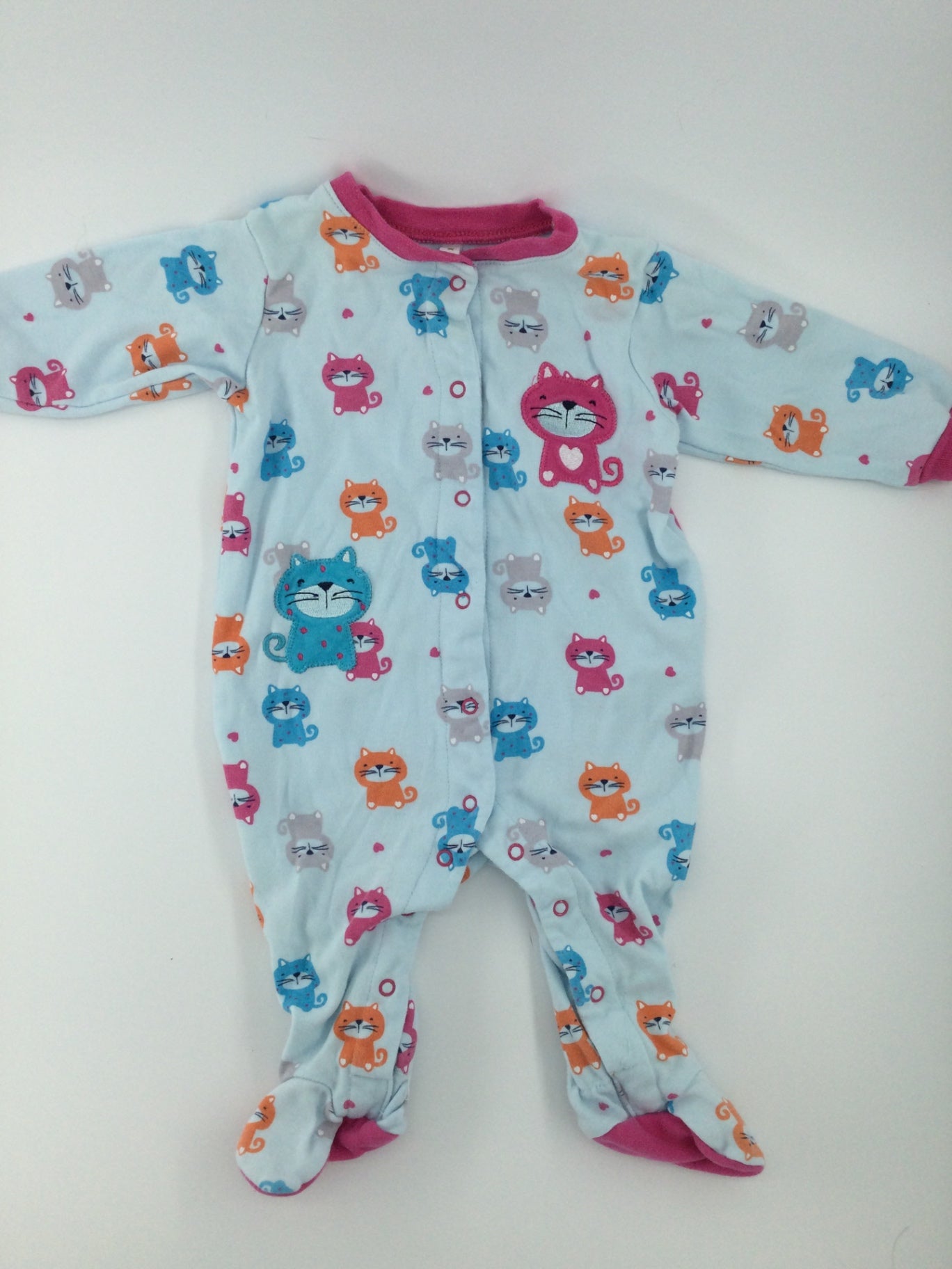 Pekkle Baby Sleeper 3-6m Light blue with multicolor cat print and pink accents