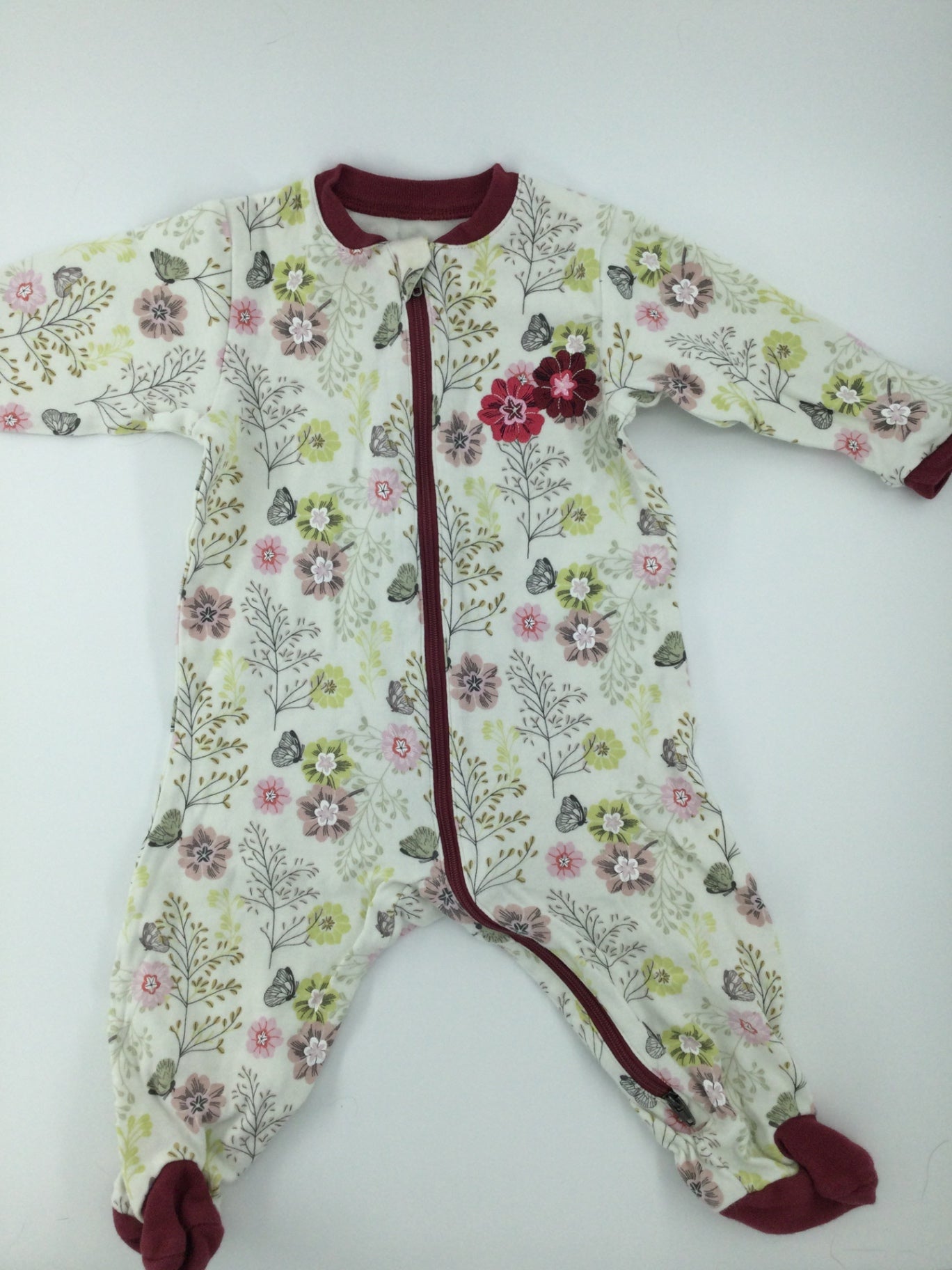 Tuffy Baby Sleeper 3-6m Cream with pink, green, and burgundy floral pattern