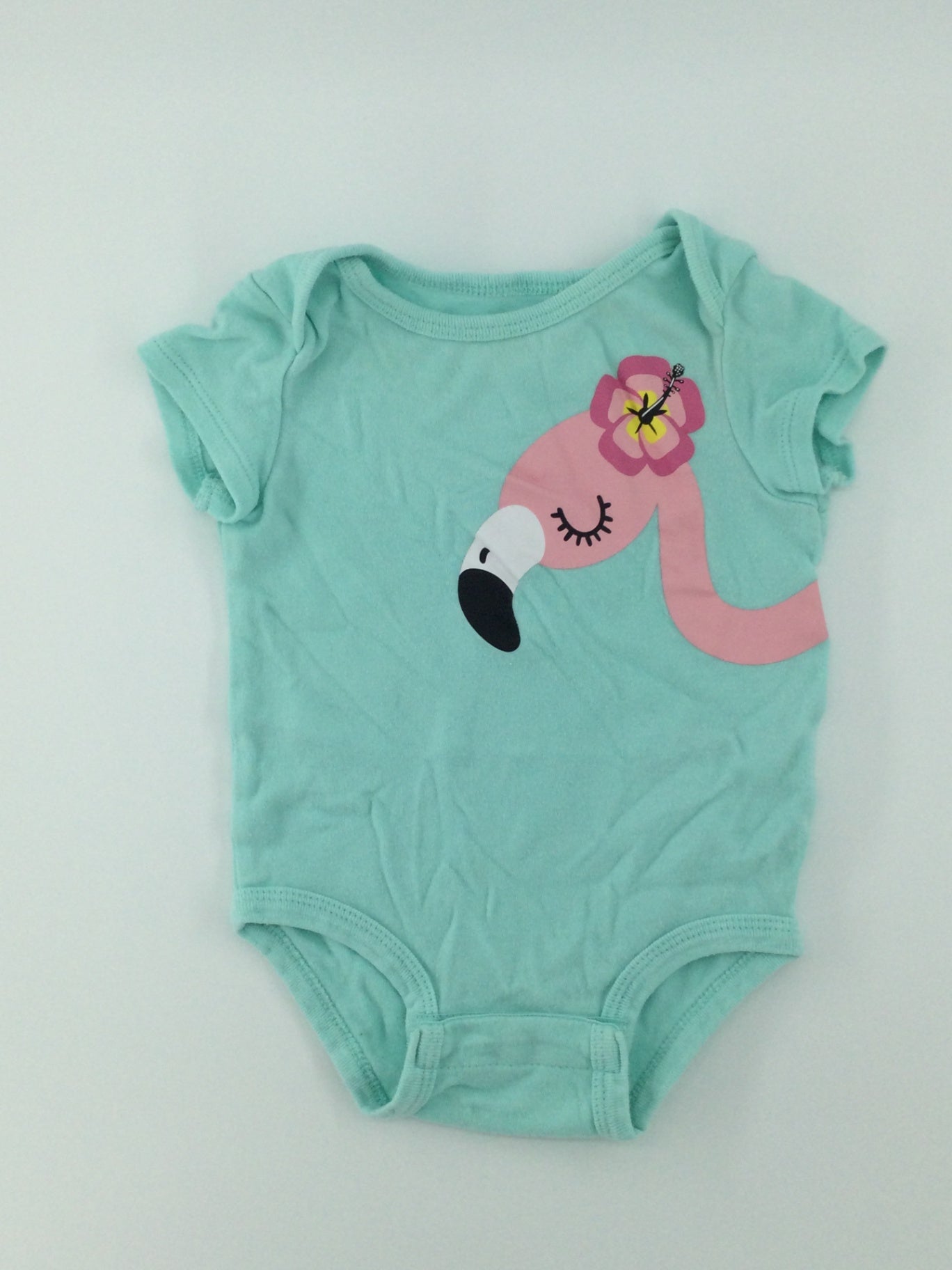 Rococo Baby Bodysuit 6-9m Turquoise w/ Flamingo