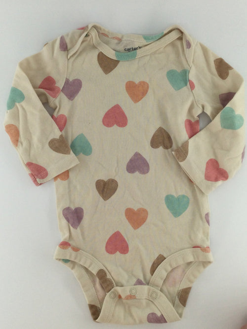 Carter's Baby Bodysuit 9-12m Beige w/ Multi-coloured Hearts