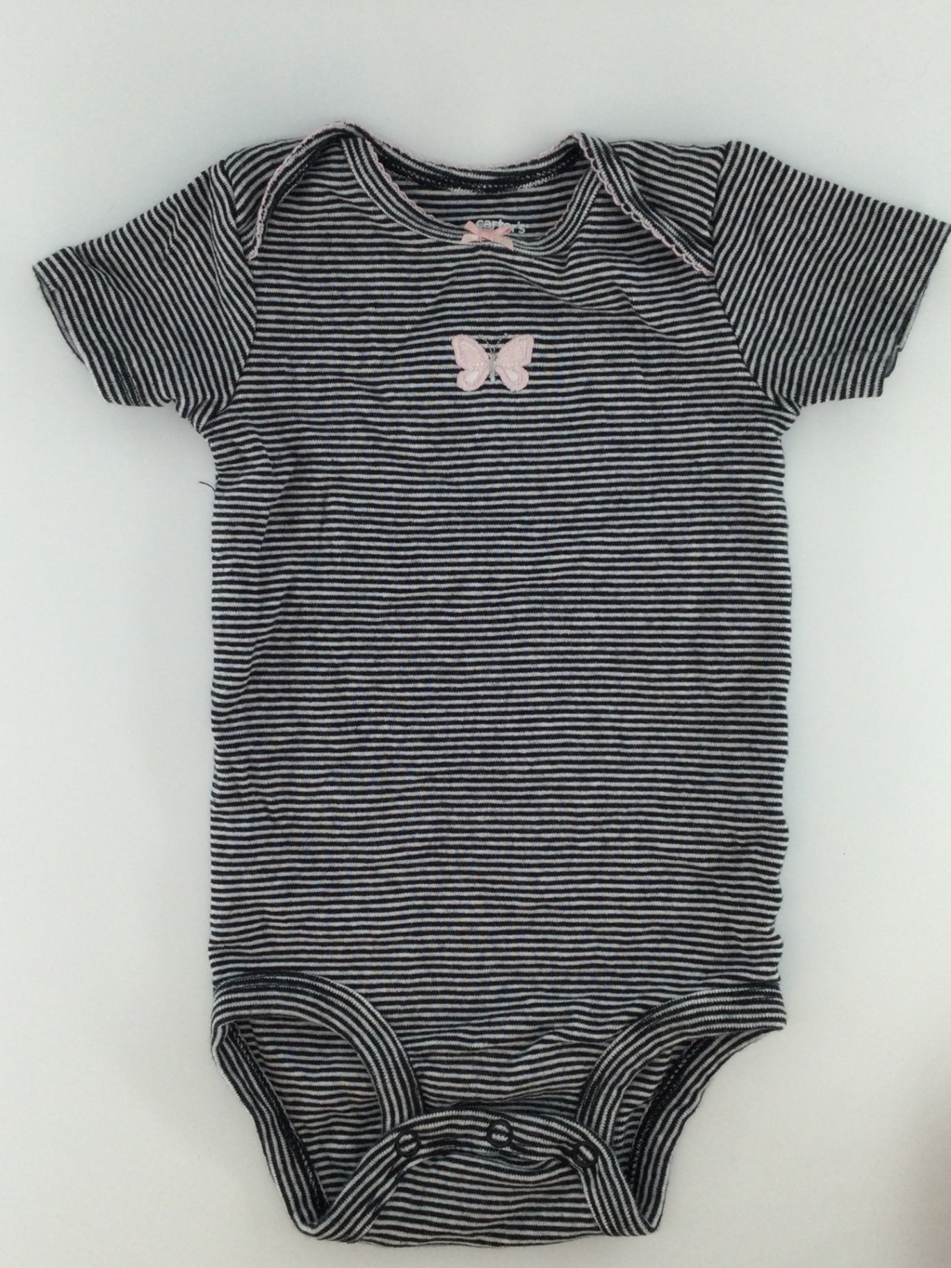 Carter's Baby Bodysuit 9-12m Black Stripe w/ Pink Butterfly