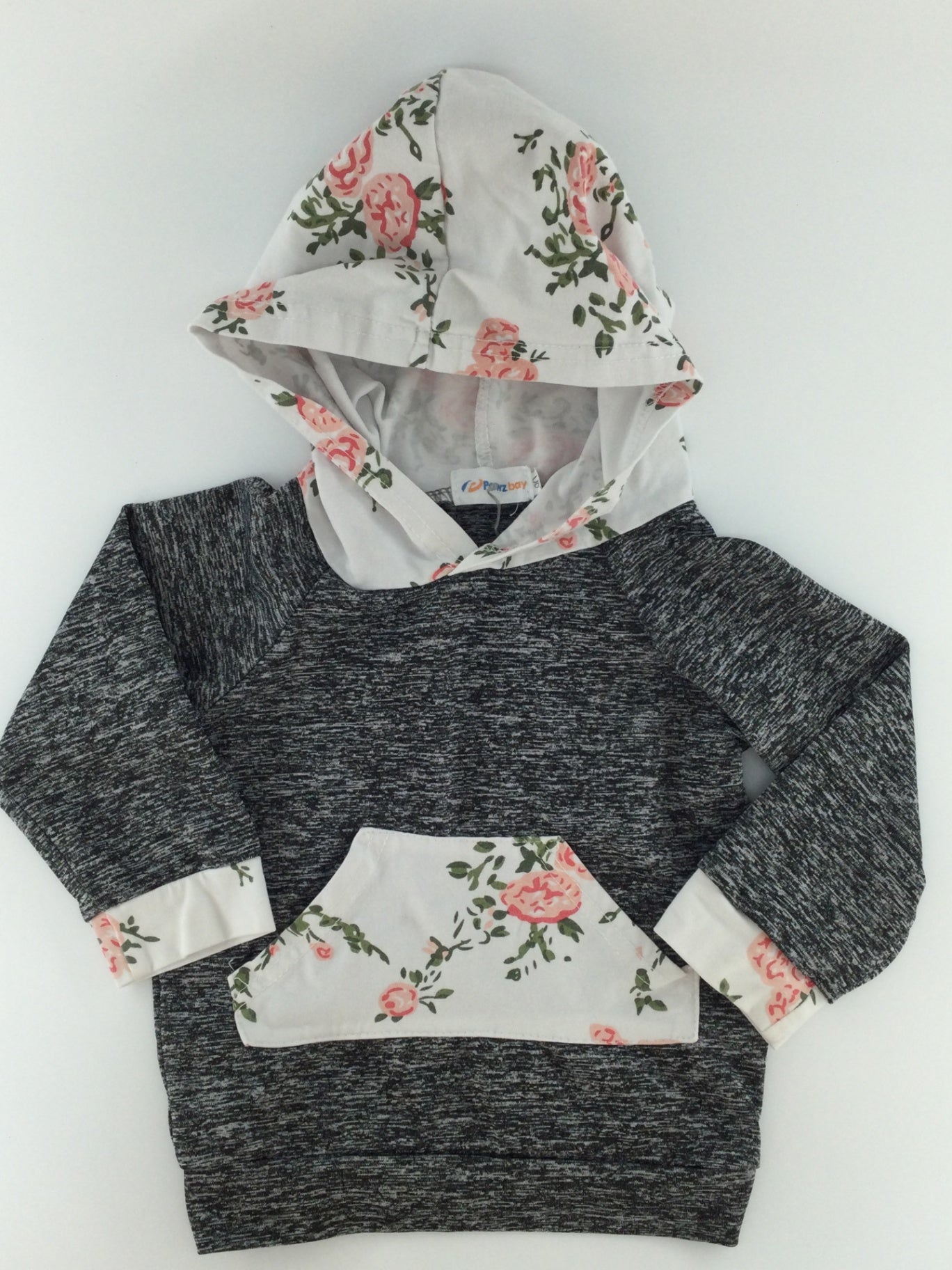 PawzBay Baby Hoodie 6-12m Gray w/ white and floral accents