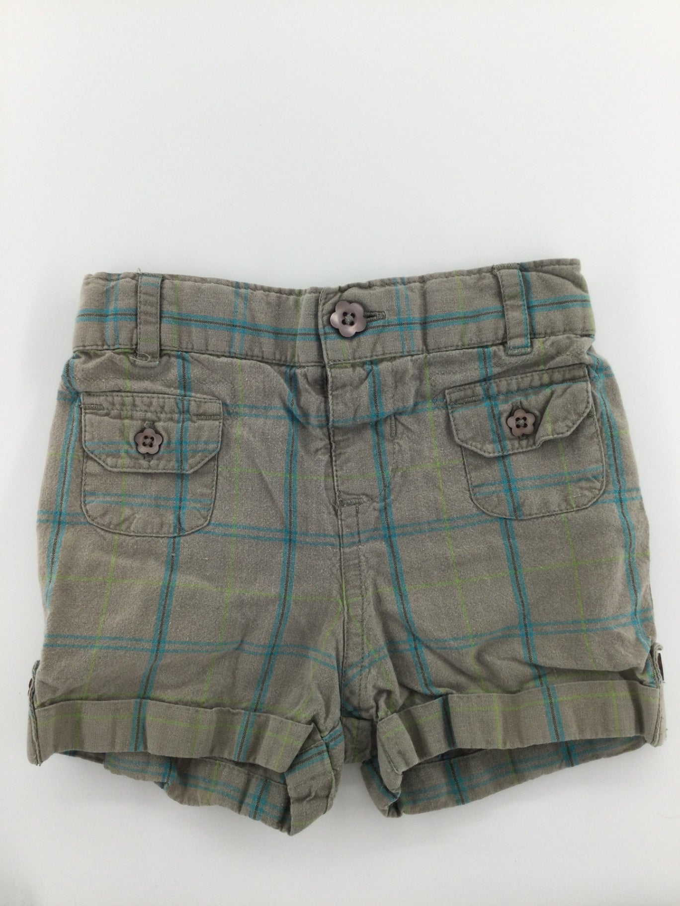 Joe Fresh Baby Shorts 6-12m Khaki Green w/ blue and green plaid