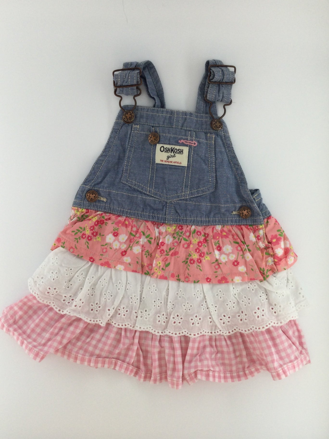 OshKosh B'gosh Baby Skirtall 12-18m Blue Denim w/ Pink Floral, White Eyelet and Pink Gingham