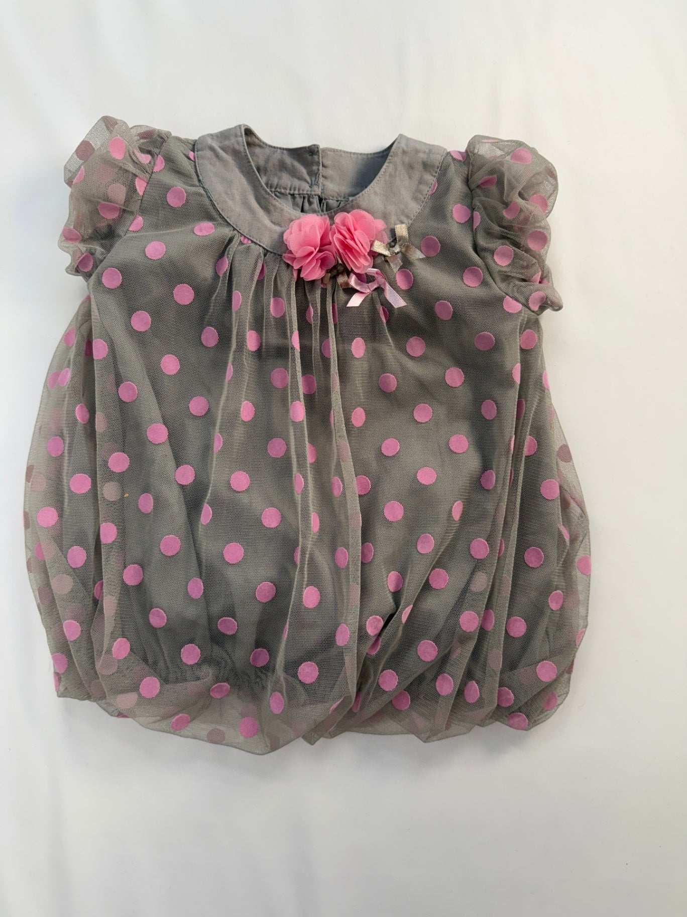 Petit Lem Dress 6-12m Gray w/Pink Dots