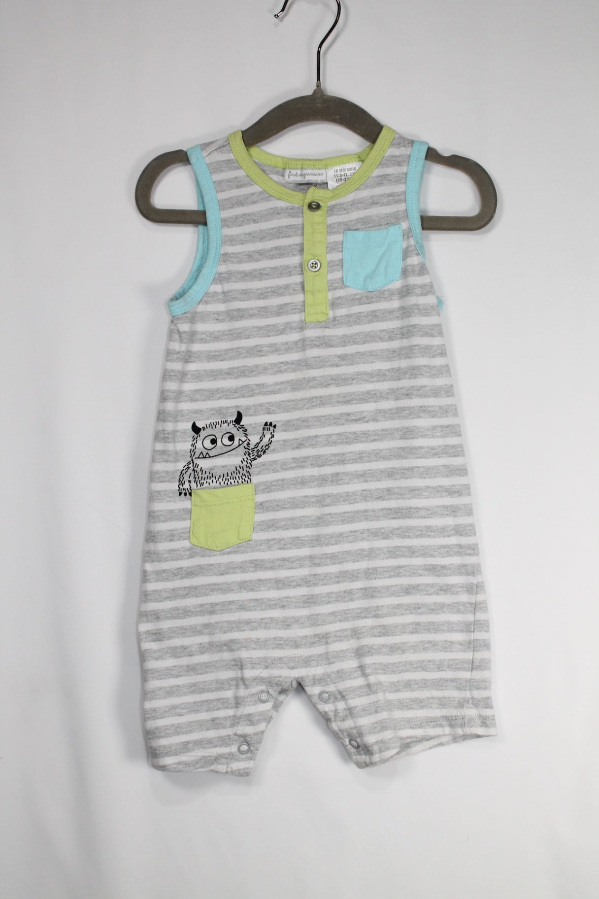 12-18m First Impression Romper - Grey/White/Lime/Blue