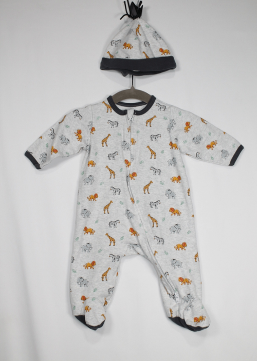 0-3m Little Me 2-Piece Set: Sleeper and Toque - Grey w/Zoo Animals