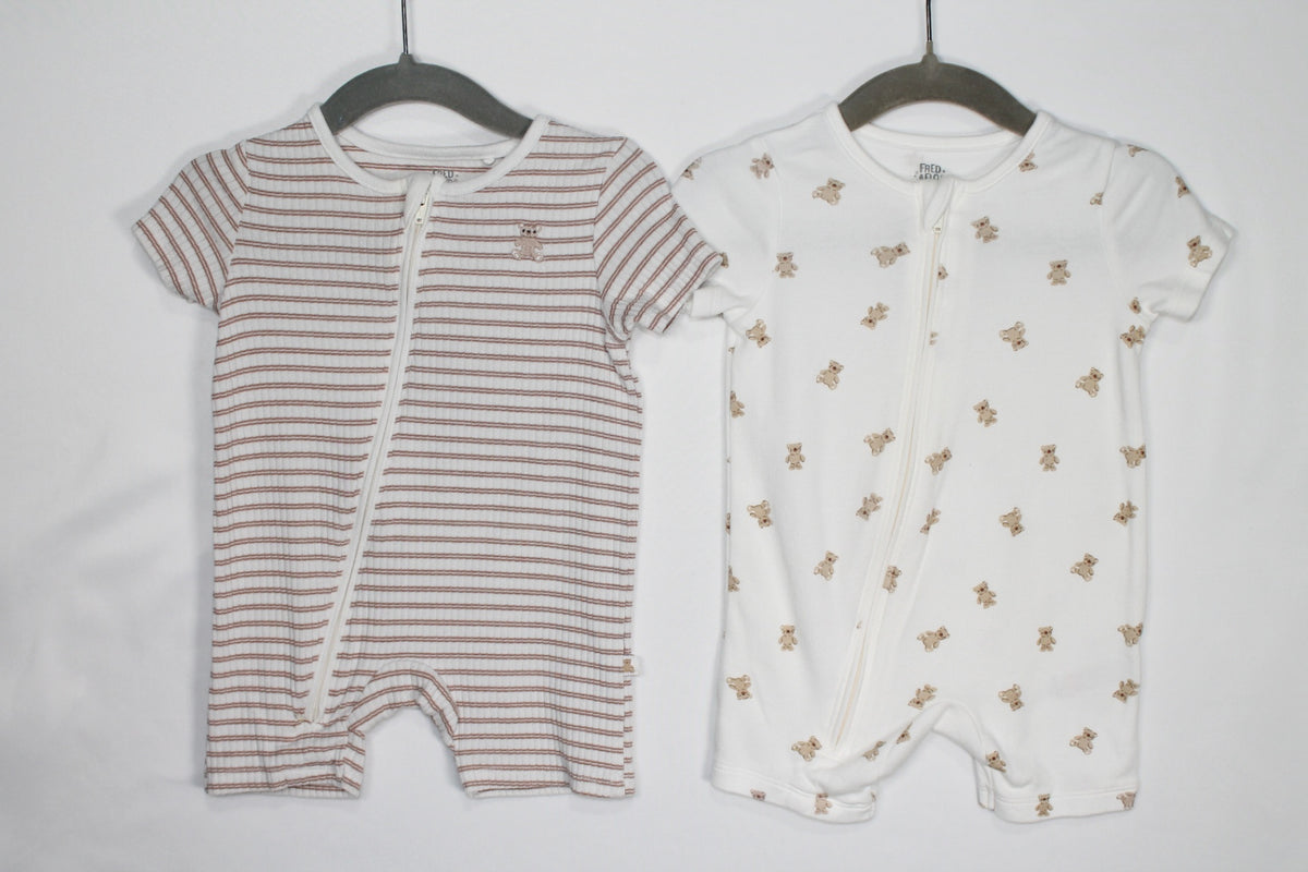 3-6m Fred & Flo 2PC Rompers - White and Beige