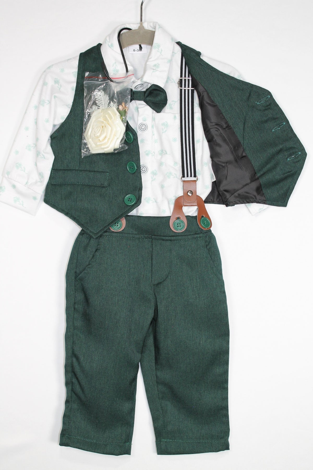 0-3m 6-Piece Suit - Bodysuit Top - Green and White