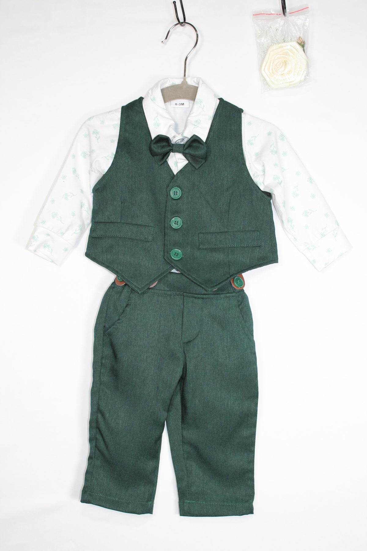 0-3m 6-Piece Suit - Bodysuit Top - Green and White