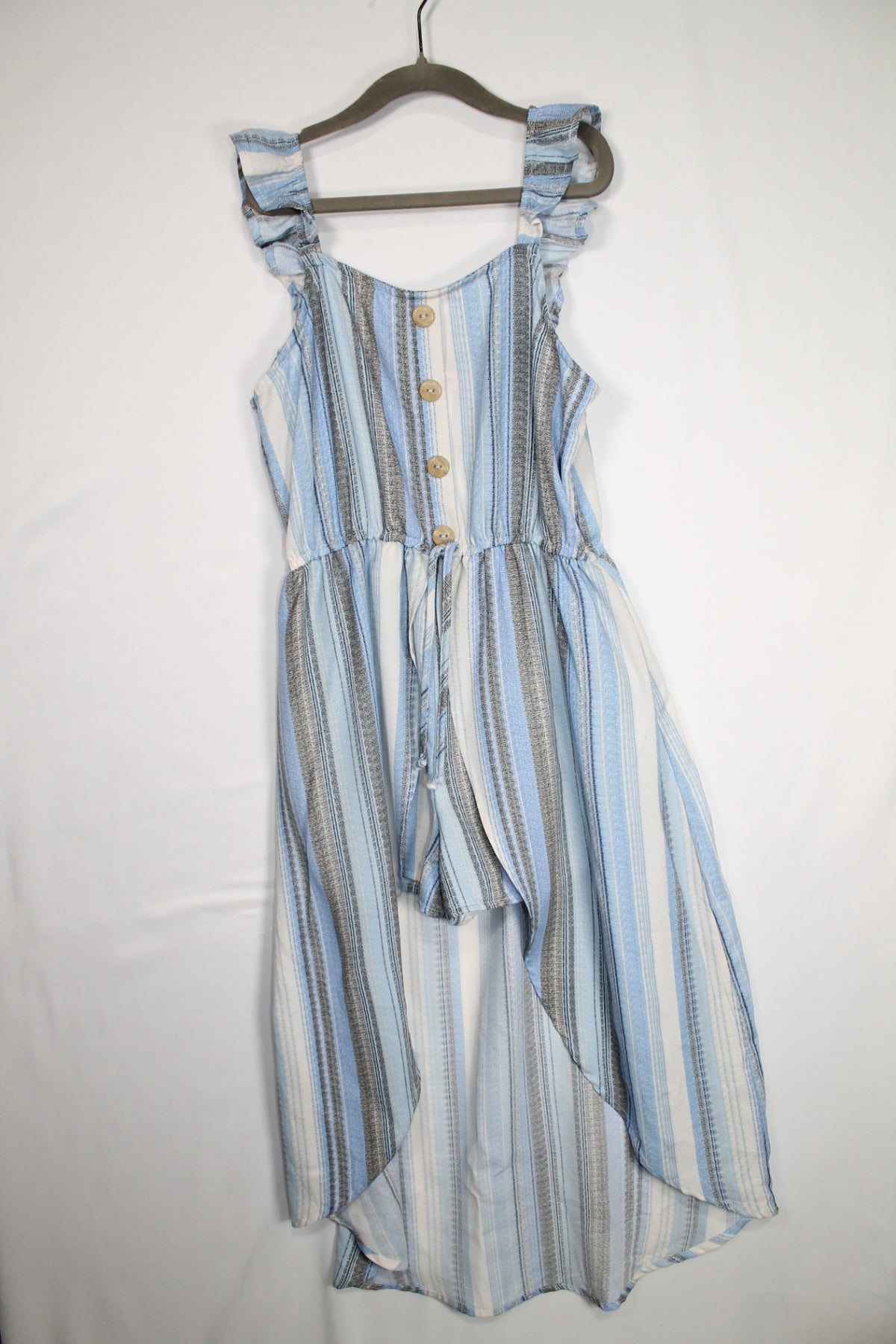 12 Paperdoll Romper - Blue, Grey, White Stripes