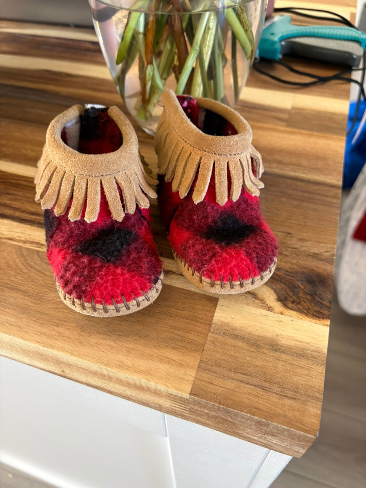 2T Minnetonka Booties - Red and Black Checkered