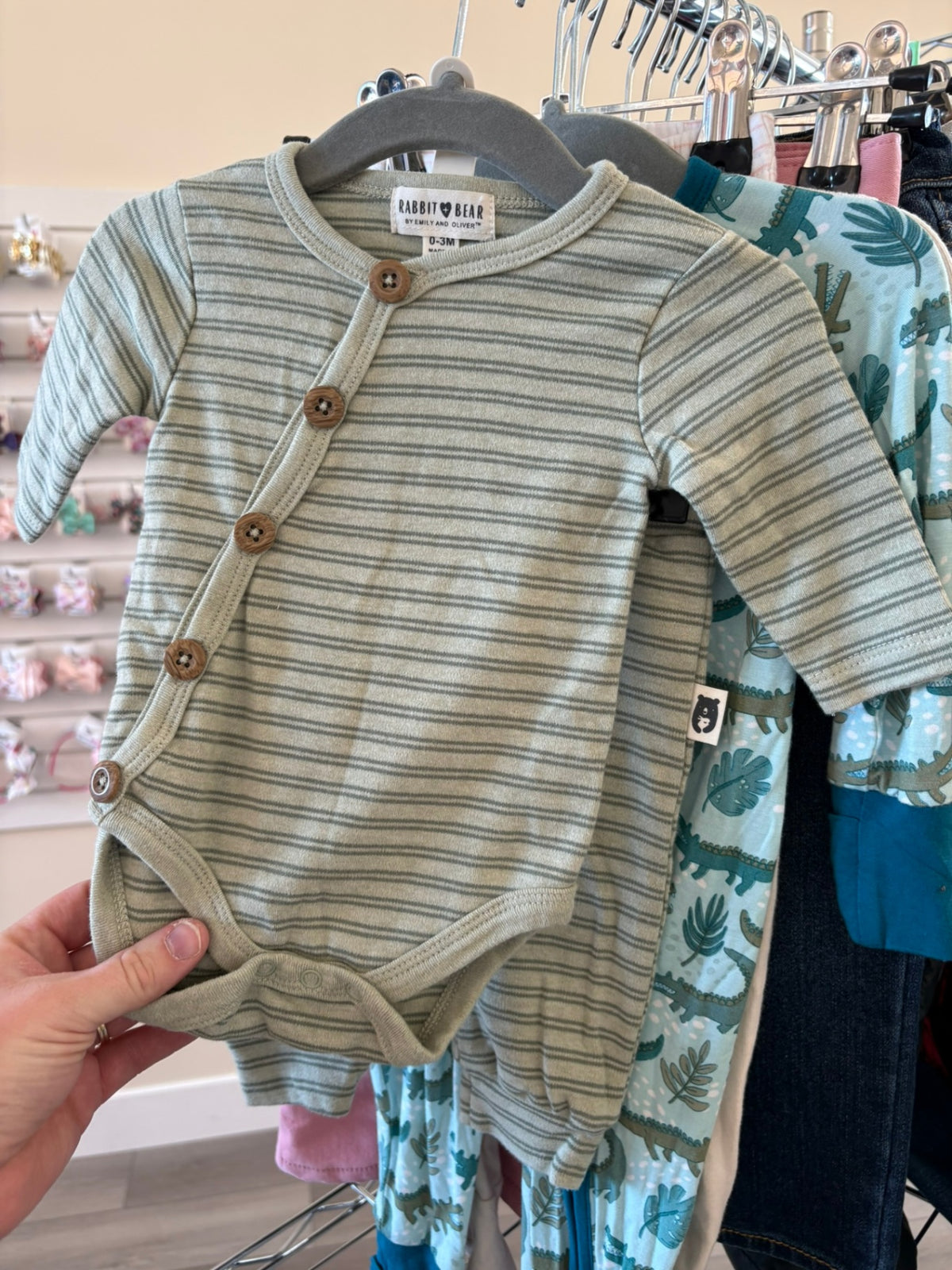 0-3m Rabbit + Bear 2-Piece: Bodysuit and Pants - Green Stripe