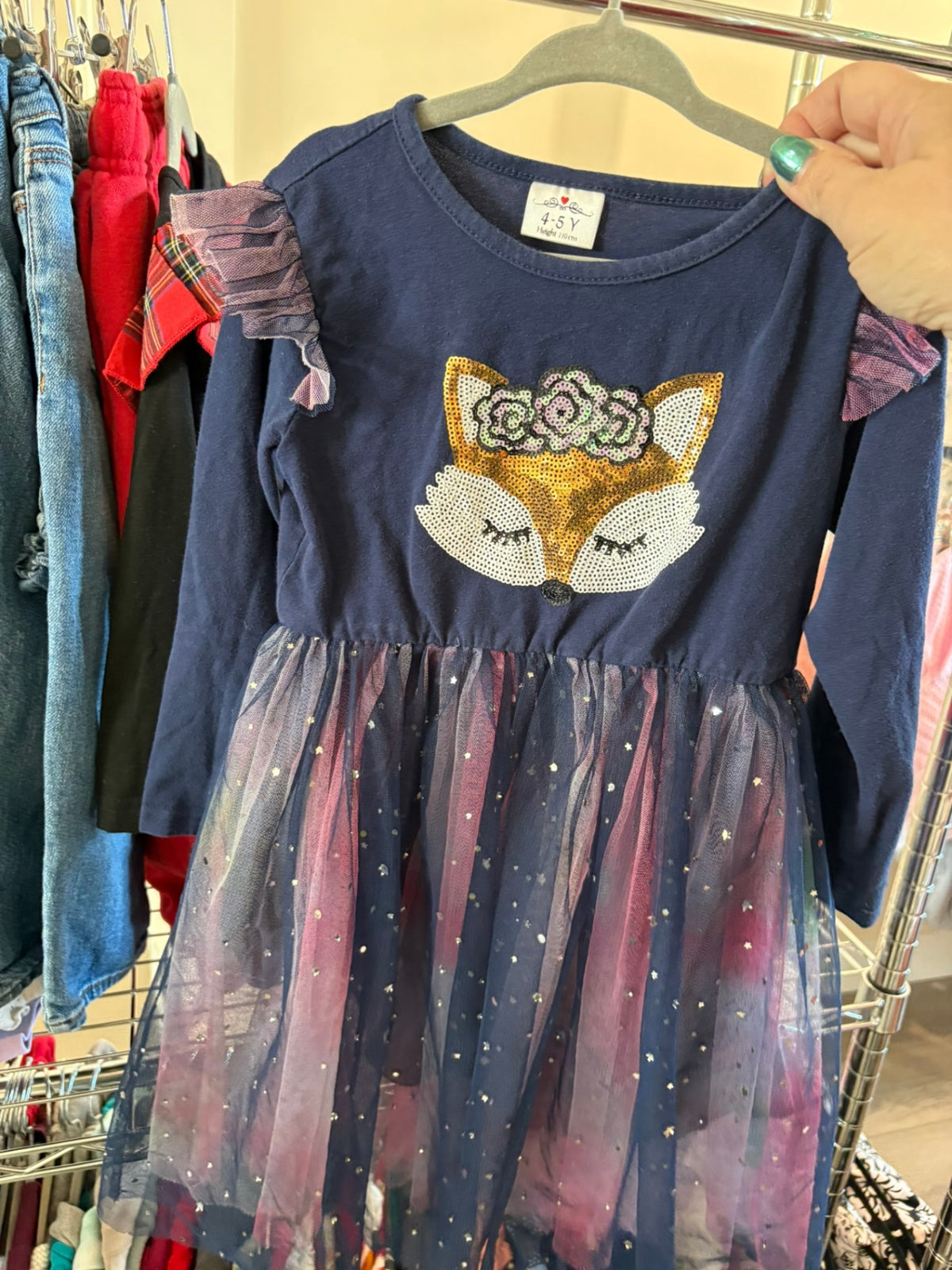 4-5T Unknown Dress - Navy w/Fox