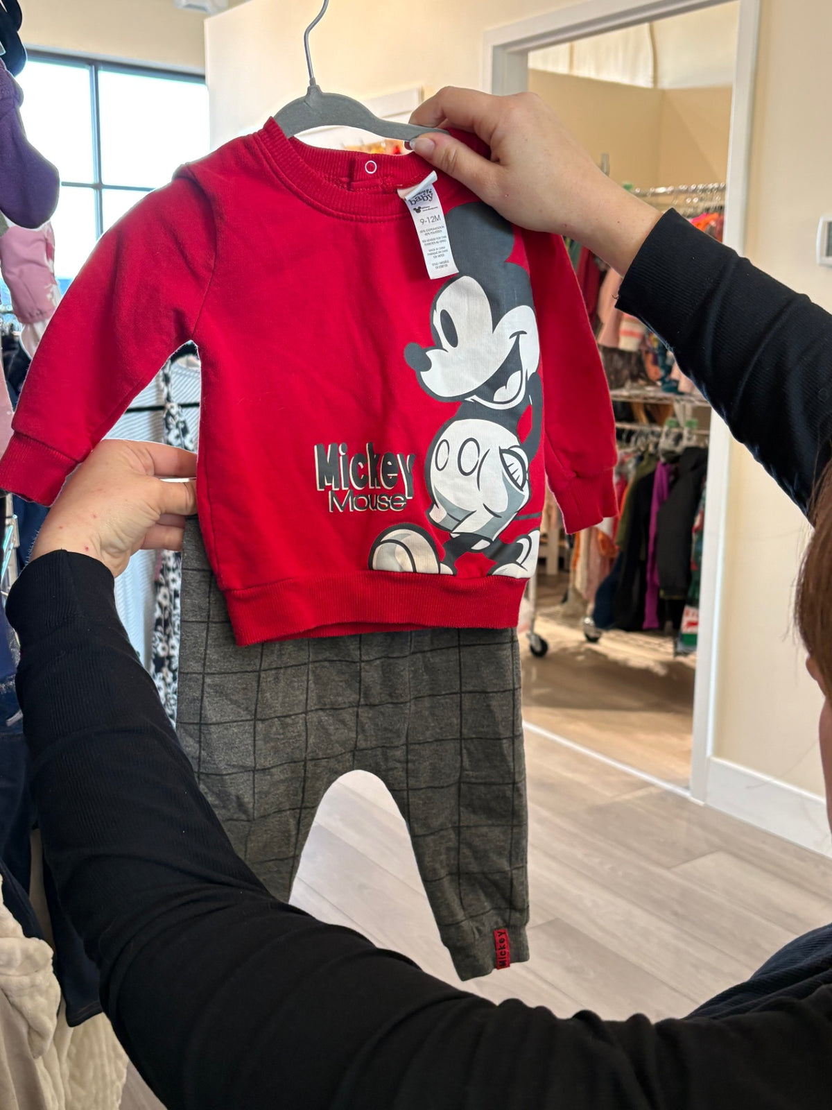 9-12m Disney 2-Piece: Sweater and Pants - Red and Grey Mickey