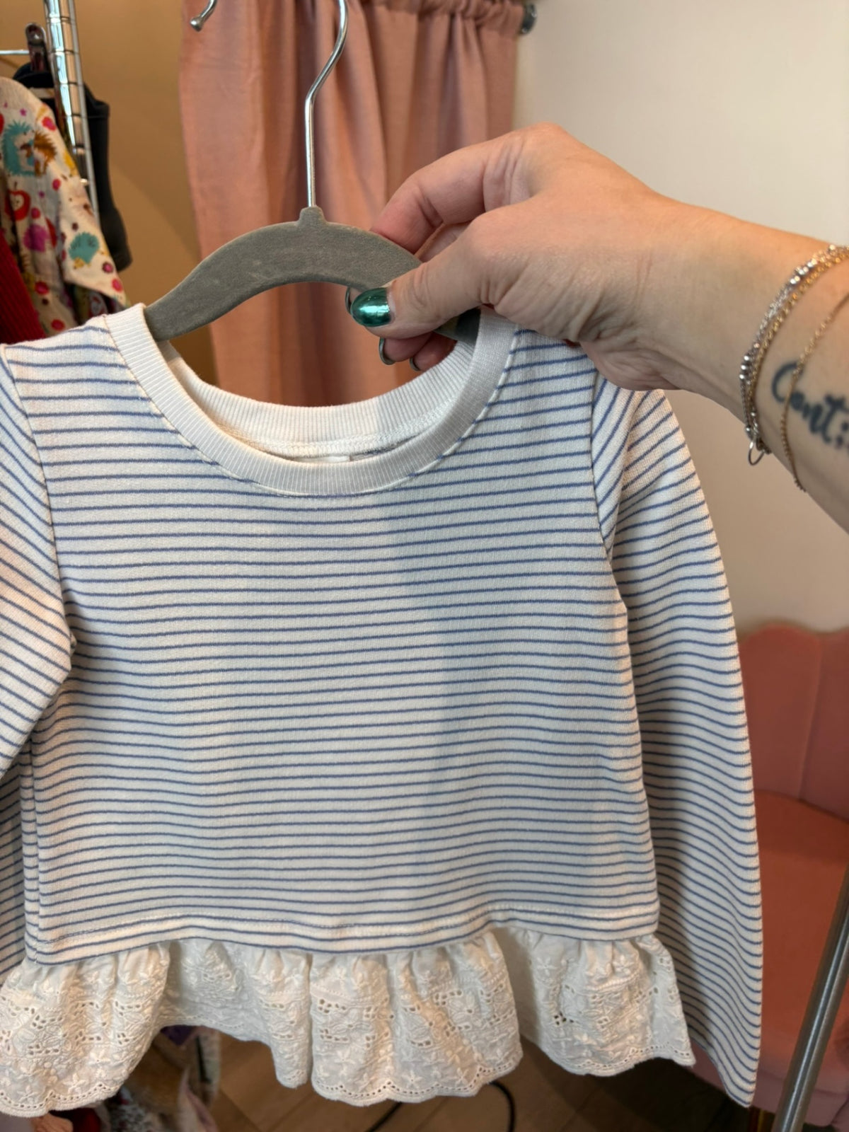 3T OshKosh B'Gosh Long Sleeve Shirt - Blue Stripe Ruffle