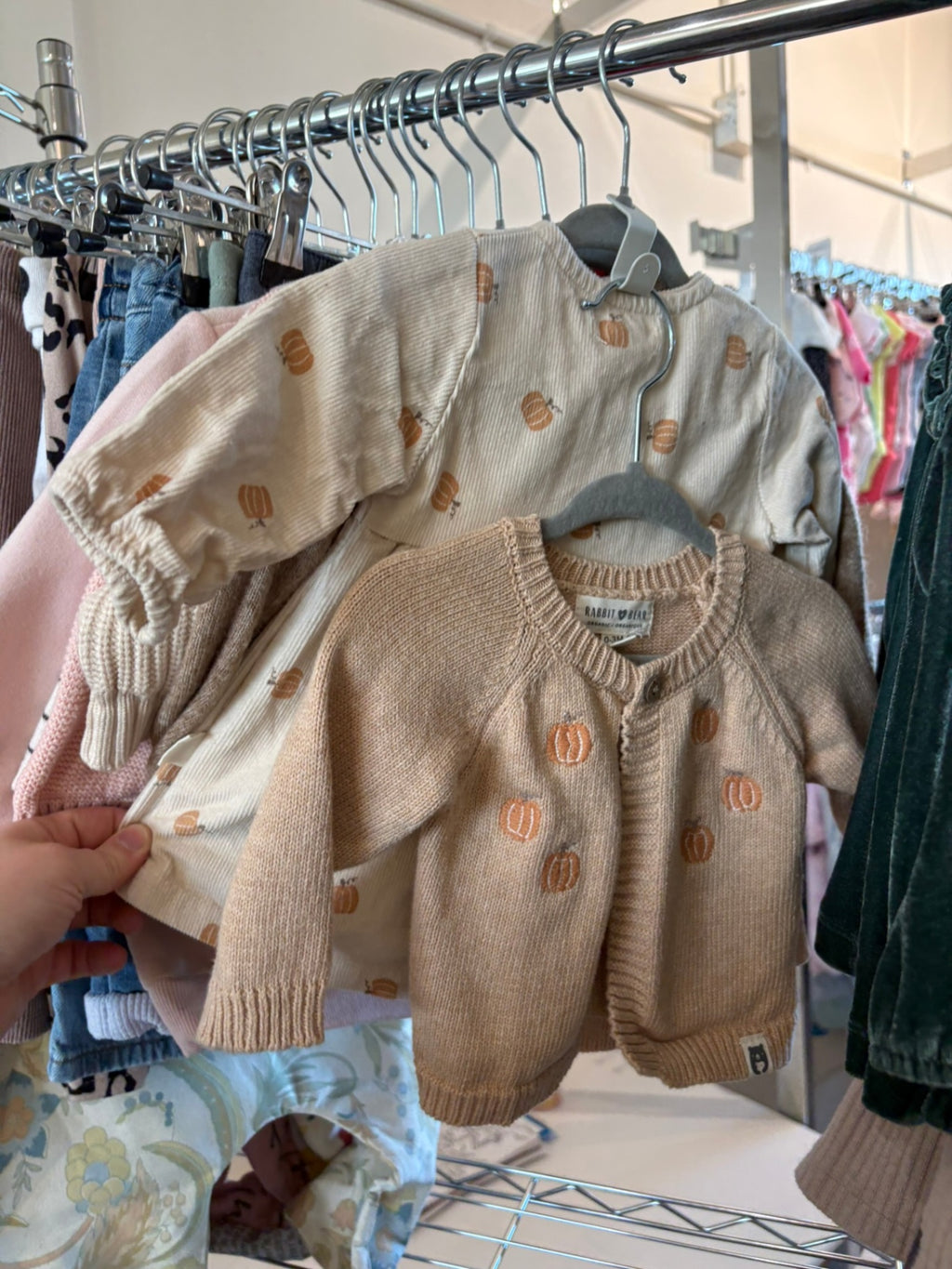 0-3m Rabbit + Bear 2-Piece: Dress and Cardigan - Brown w/Pumpkins