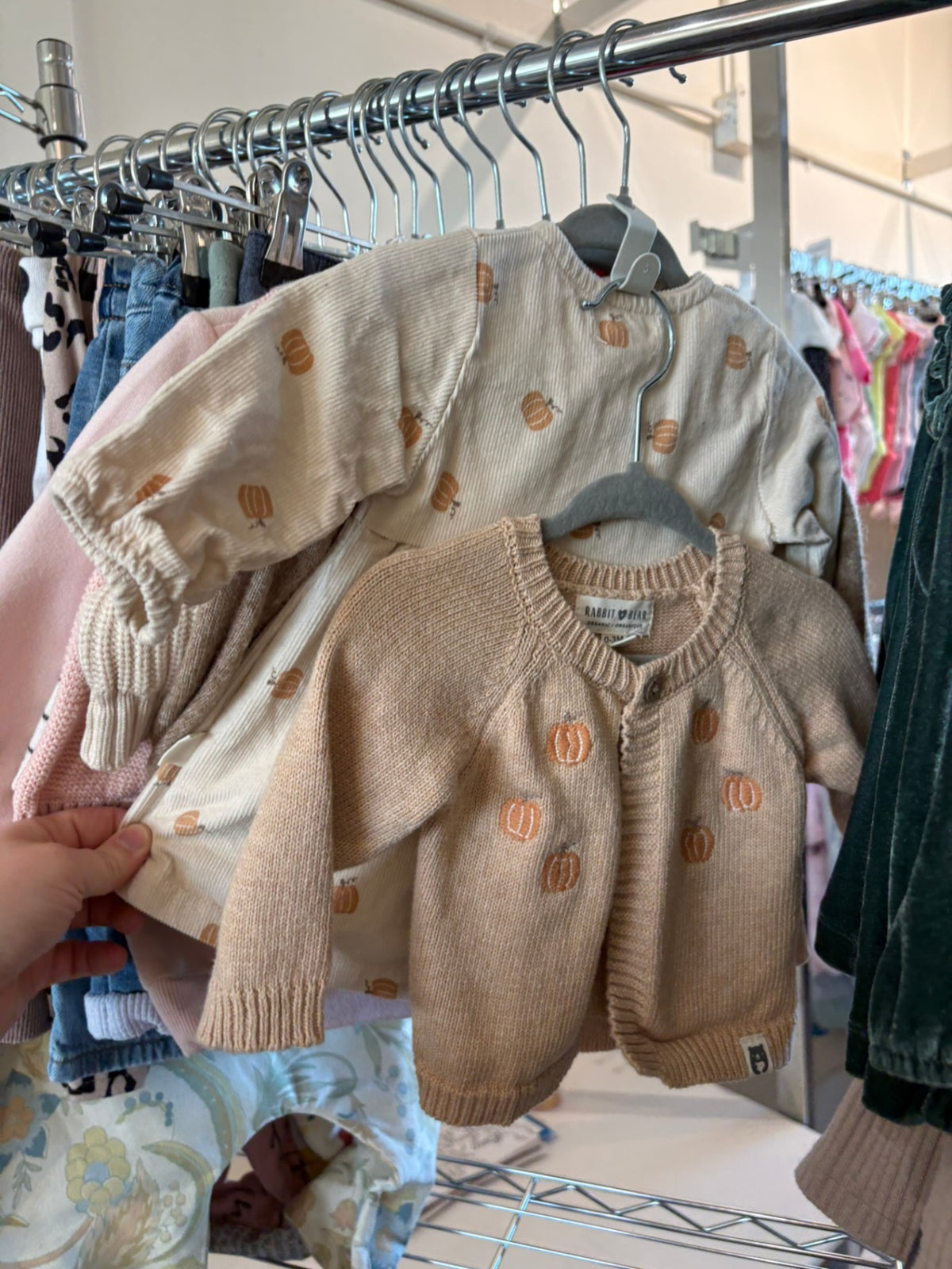 0-3m Rabbit + Bear 2-Piece: Dress and Cardigan - Brown w/Pumpkins